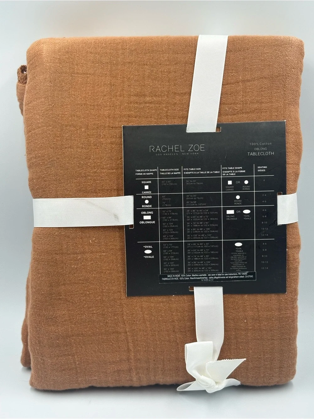 Rachel Zoe 100% Cotton Oblong Tablecloth 60x84 Camel Brown Textured New